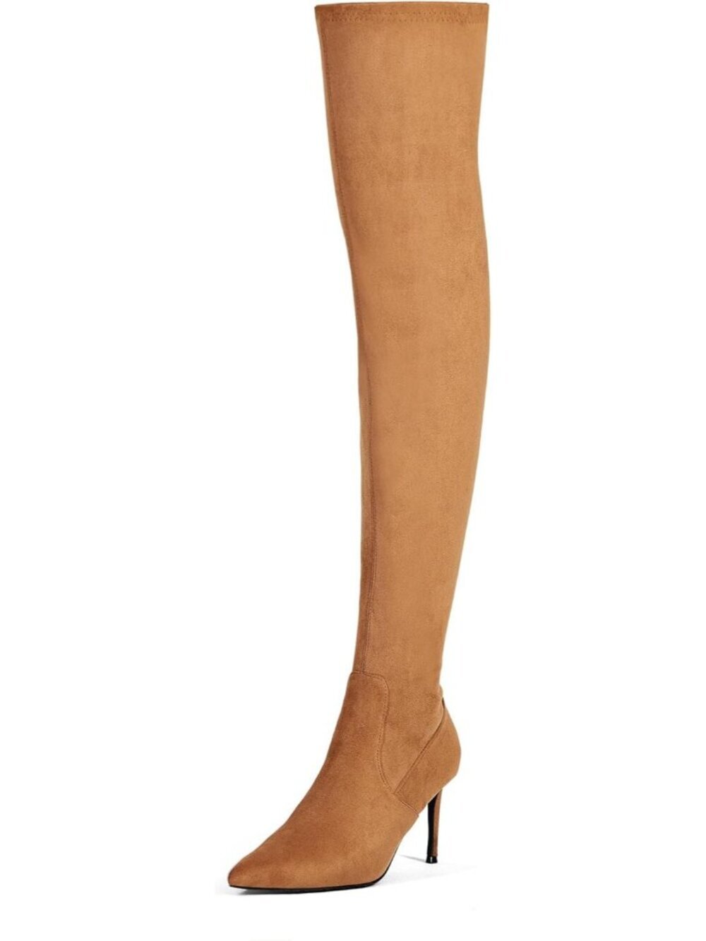 Women's Tan Synthetic Rubber Stretch Suede Long Pointed Toe Over the Knee Boot